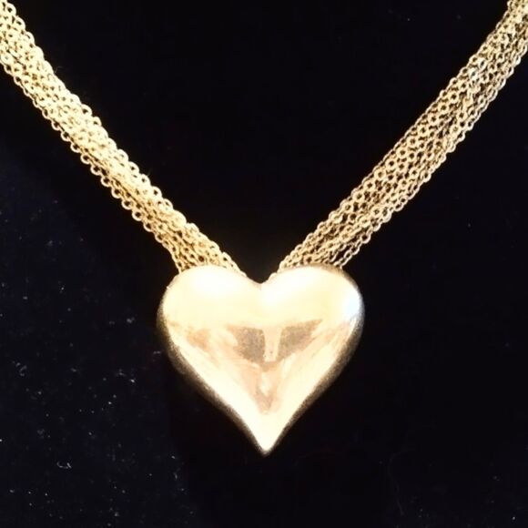Vintage Gold Tone Multi Chain Puffy Heart Sliding Pendant Necklace - Picture 1 of 6